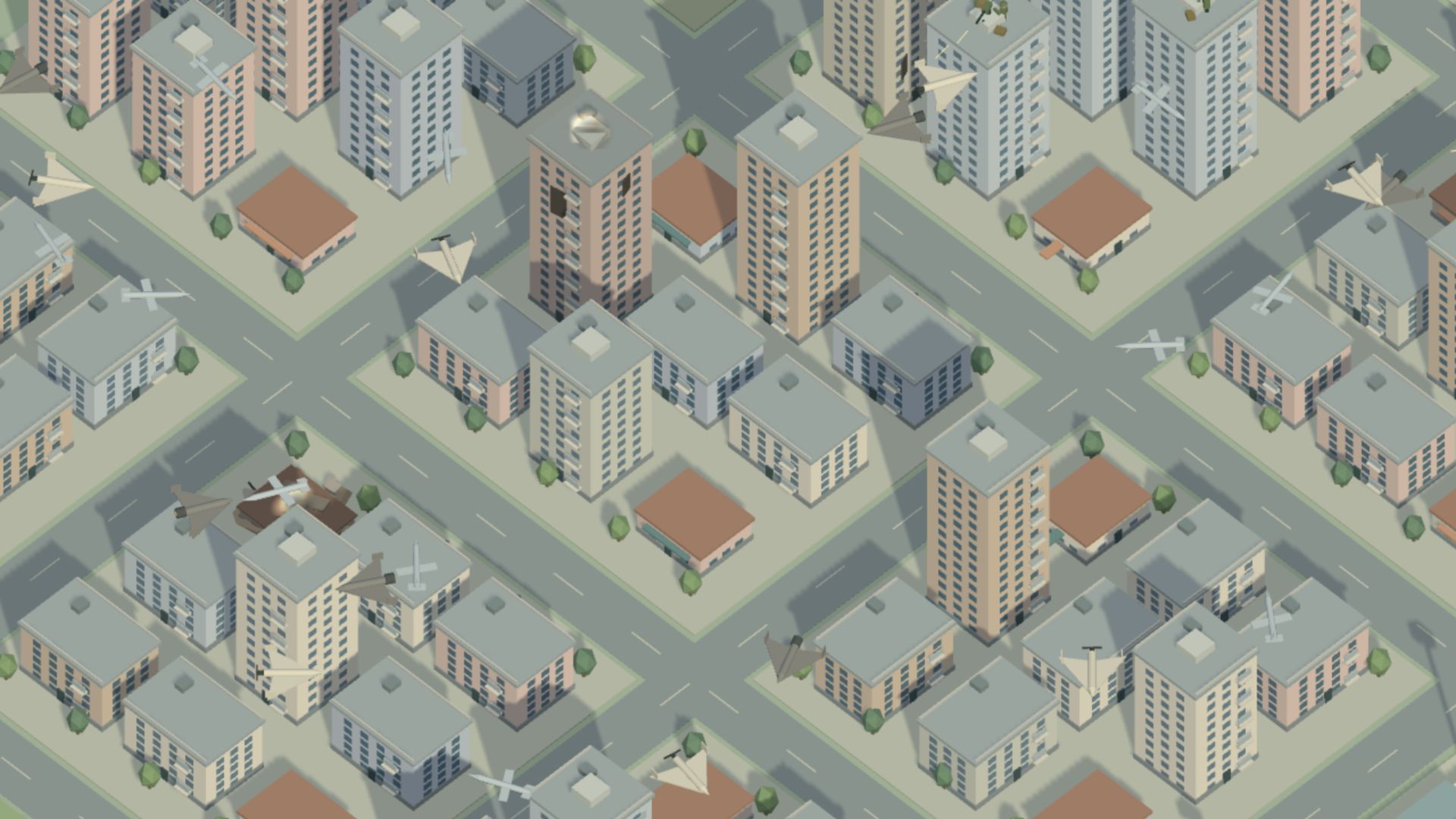 Air defense over the low-poly city in PPO